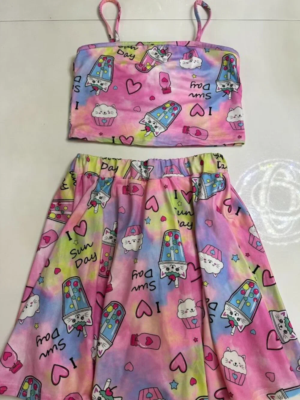 SHEIN Girls 2 Piece Skirt Set 9Y Pink Ice Cream Crop Top Matching Outfit